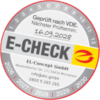 E-CHECK Prüfplakette der EL-Concept GmbH – geprüft nach VDE